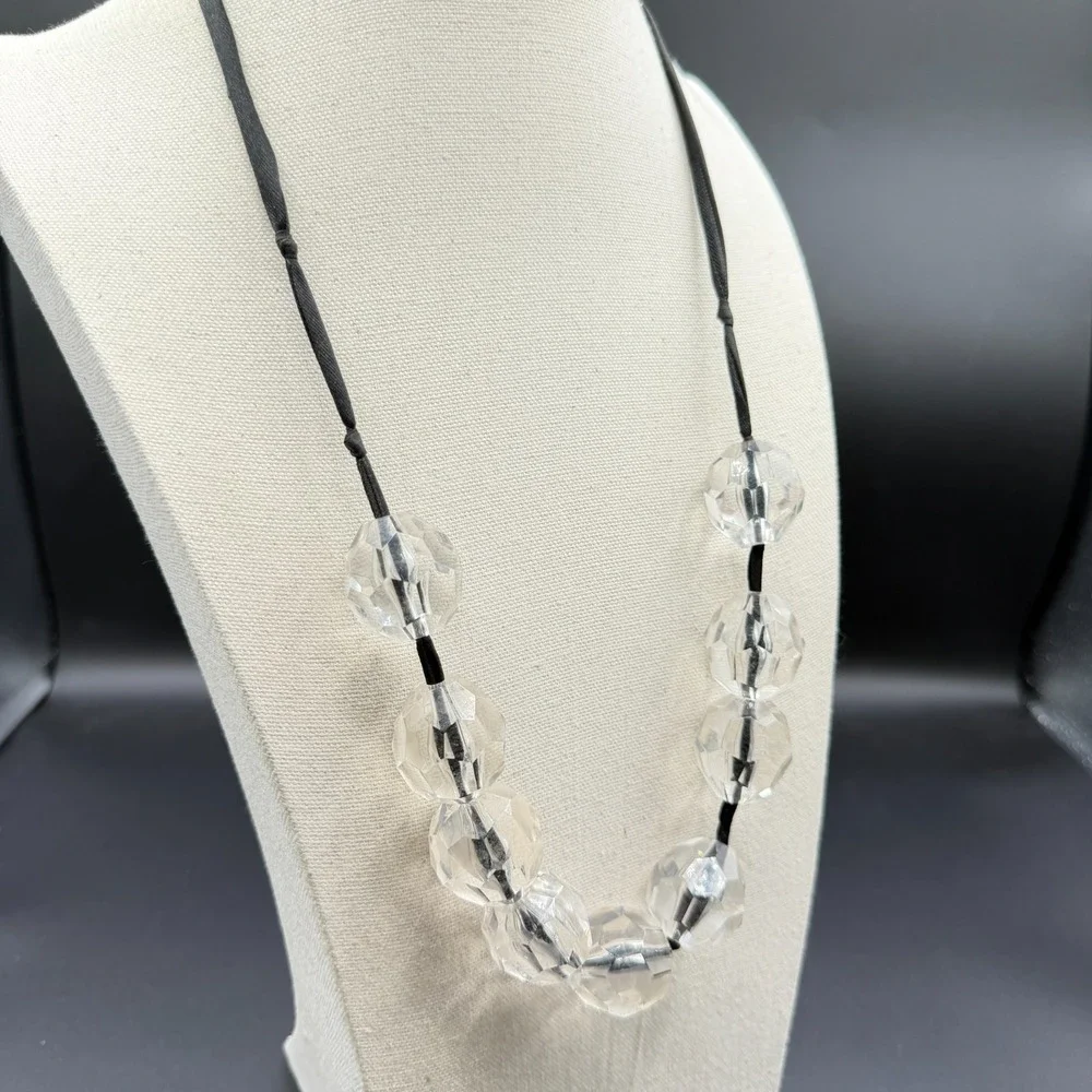 Clear Faceted Bead Necklace Black Ribbon Chunky Lucite Crystal Statement Jewelry
